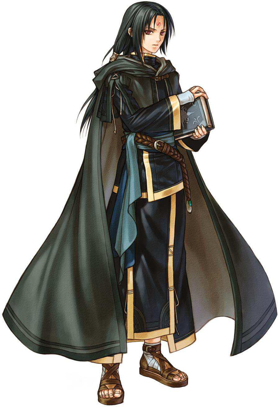 1boy belt black_hair book cape cloak closed_mouth facial_mark fire_emblem fire_emblem:_akatsuki_no_megami fire_emblem:_souen_no_kiseki fire_emblem_path_of_radiance fire_emblem_radiant_dawn forehead_mark full_body highres holding holding_book kita_senri kita_senri_(artist) long_hair long_sleeves male official_art red_eyes sandals simple_background solo soren standing toeless_footwear white_background