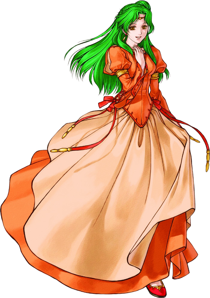 brown_eyes dress earrings elincia elincia_ridell_crimea fire_emblem fire_emblem:_souen_no_kiseki fire_emblem_path_of_radiance green_hair jewelry kita_senri kita_senri_(artist) long_hair official_art orange_dress transparent_background