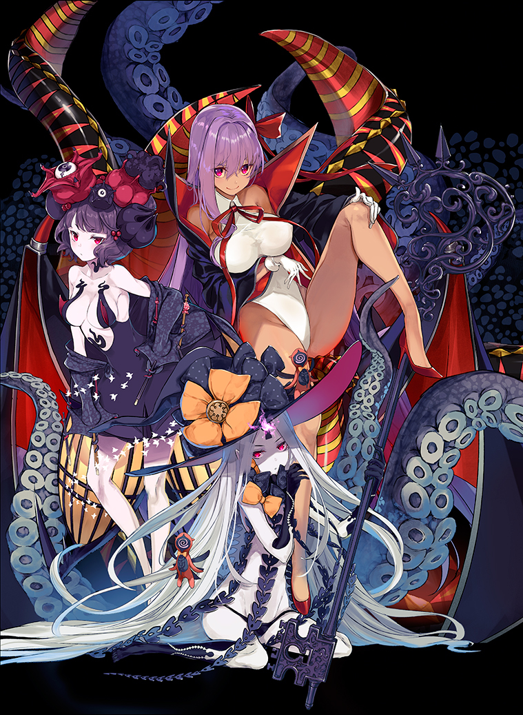 3girls abigail_williams_(fate/grand_order) bangs bat_wings bb_(fate)_(all) bb_(swimsuit_mooncancer)_(fate) black_background black_bow black_coat black_dress black_hat black_panties bow breasts dress fate/grand_order fate_(series) forehead gloves glowing glowing_eye hair_bow hair_ornament hat high_heels highleg highleg_leotard katsushika_hokusai_(fate/grand_order) key keyhole legs leotard long_hair medium_breasts multiple_girls orange_bow panties parted_bangs polka_dot polka_dot_bow popped_collar purple_hair red_eyes red_footwear short_hair staff stuffed_animal stuffed_toy tan tentacle thighs third_eye underwear vampire_costume very_long_hair white_gloves white_hair white_leotard white_skin wings witch_hat yuunagi_(seventh_heaven)