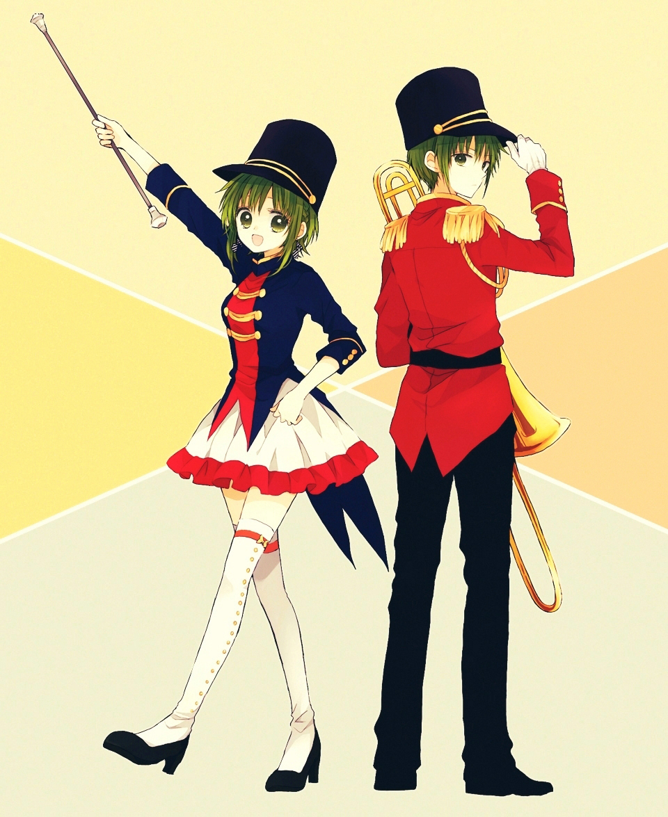 1boy 1girl :d adjusting_clothes adjusting_hat anzu_(o6v6o) arm_up band_uniform baton_(instrument) black_footwear black_pants clenched_hand coattails commentary_request drum_major dual_persona epaulettes full_body genderswap genderswap_(ftm) gloves green_eyes green_hair gumi gumiya hat high_heels holding holding_instrument instrument jacket long_sleeves open_mouth pants red_jacket shako_cap shoes short_hair_with_long_locks simple_background skirt smile standing thigh-highs trombone vocaloid walking white_gloves white_legwear
