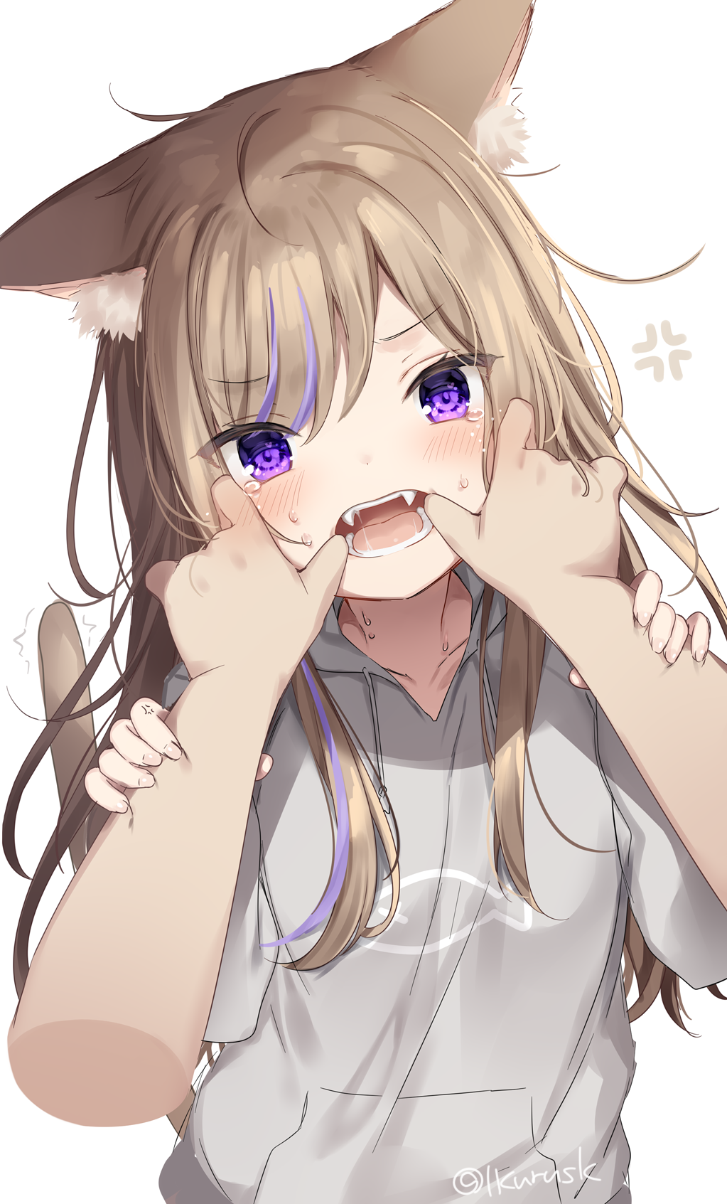 1girl anger_vein animal_ear_fluff animal_ears bangs blush cat_ears cat_girl cat_tail collarbone commentary_request disembodied_limb eyebrows_visible_through_hair fangs finger_in_another's_mouth fingernails grey_hoodie hair_between_eyes highres hood hood_down hoodie light_brown_hair long_hair looking_at_viewer mafuyu_(chibi21) multicolored_hair open_mouth original purple_hair revision signature simple_background solo_focus streaked_hair sweat tail tail_raised tears very_long_hair violet_eyes white_background