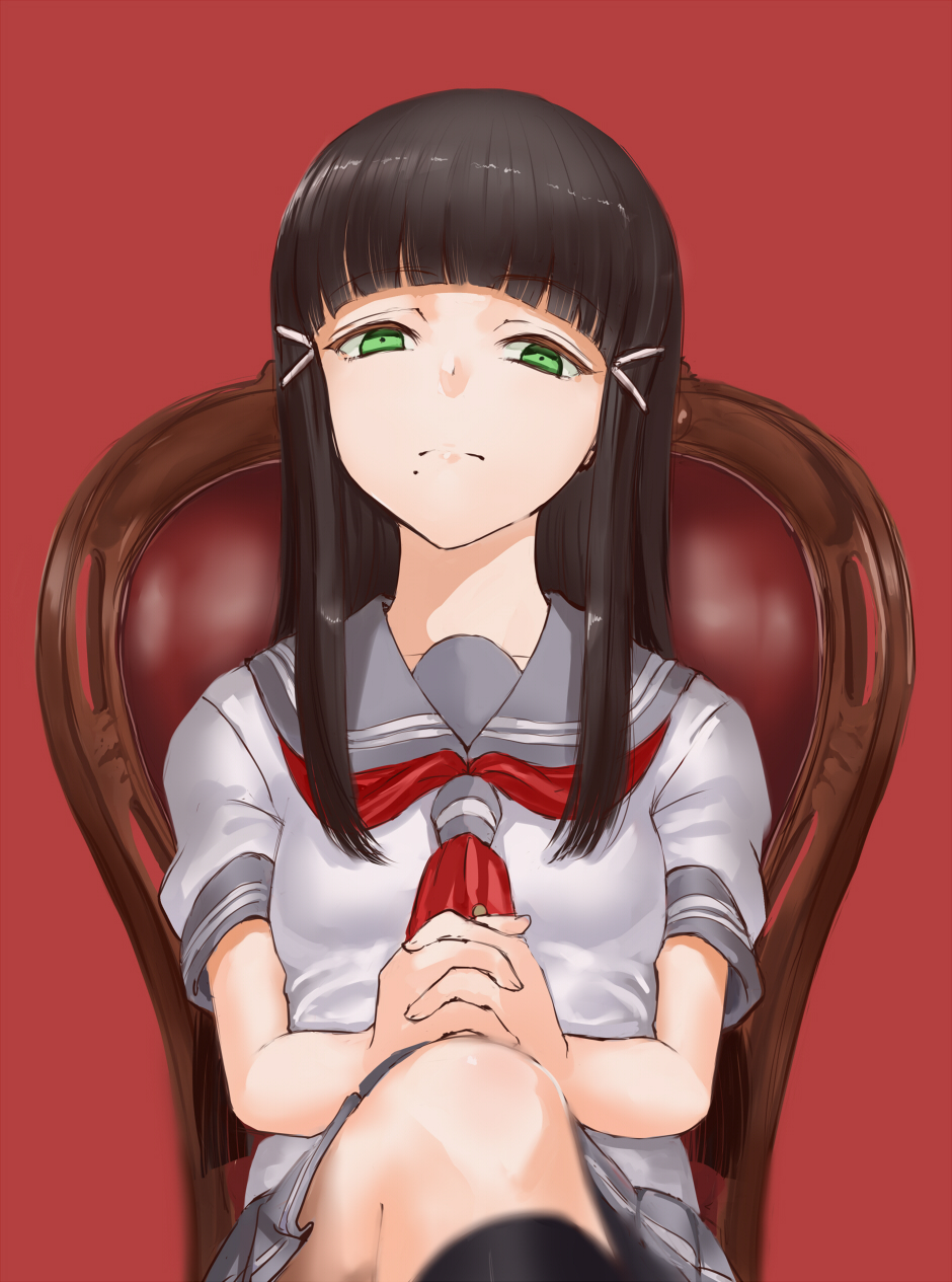1girl bangs black_hair black_legwear blunt_bangs eyebrows_visible_through_hair green_eyes grey_sailor_collar hair_ornament hands_clasped hands_together highres interlocked_fingers jyon kneehighs kurosawa_dia long_hair looking_at_viewer love_live! love_live!_sunshine!! mole mole_under_mouth neckerchief own_hands_together red_background red_neckwear sailor_collar school_uniform shiny shiny_hair shirt short_sleeves simple_background solo white_shirt