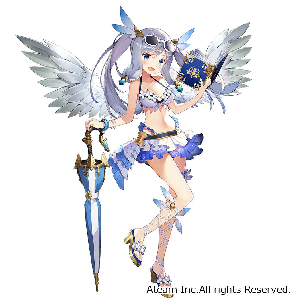 1girl :d angel_wings bangle bangs bare_arms bare_shoulders bikini bikini_skirt blue_eyes blush book bracelet breasts cleavage eyebrows_visible_through_hair eyewear_on_head feathered_wings floating_hair frilled_bikini frills hair_ornament halterneck hand_up head_tilt high_heels highleg highleg_bikini holding holding_book holding_lance holding_weapon jewelry lance leg_garter leg_up long_hair looking_at_viewer matsui_hiroaki medium_breasts navel official_art open_book open_mouth polearm sandals sidelocks silver_hair simple_background smile solo standing standing_on_one_leg stomach sunglasses swimsuit twintails valkyrie_connect watermark weapon white-framed_eyewear white_background white_bikini wings