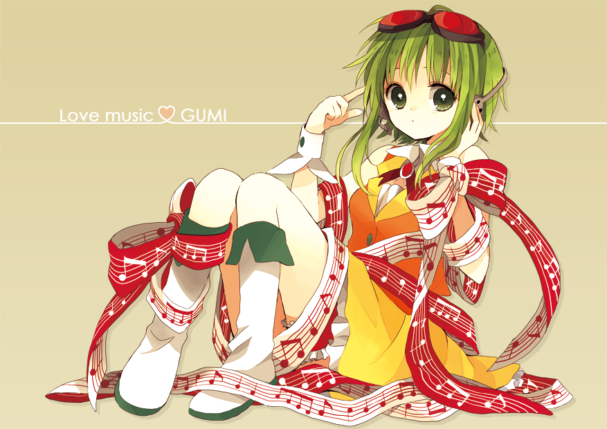 1girl anzu_(o6v6o) bangs beige_background boots brooch character_name commentary_request expressionless goggles goggles_on_head green_eyes green_hair gumi hand_on_headphones headset jewelry knee_boots knees_up looking_at_viewer musical_staff_print neck_ribbon orange_vest pointing pointing_at_self print_ribbon red_ribbon ribbon short_hair_with_long_locks sitting skirt solo staff_(music) thigh_strap vocaloid white_footwear white_ribbon wrist_cuffs yellow_skirt