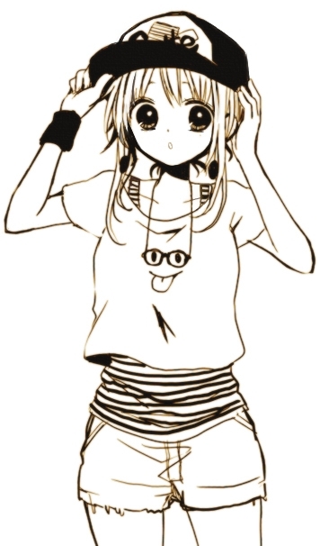 1girl :o adjusting_clothes adjusting_hat anzu_(o6v6o) baseball_cap cowboy_shot denim denim_shorts earrings gumi hand_on_own_head hat headwear_writing jewelry layered_clothing looking_at_viewer monochrome pendant sepia shirt short_hair_with_long_locks short_shorts short_sleeves shorts simple_background solo striped_tank_top sweatband t-shirt vocaloid white_background