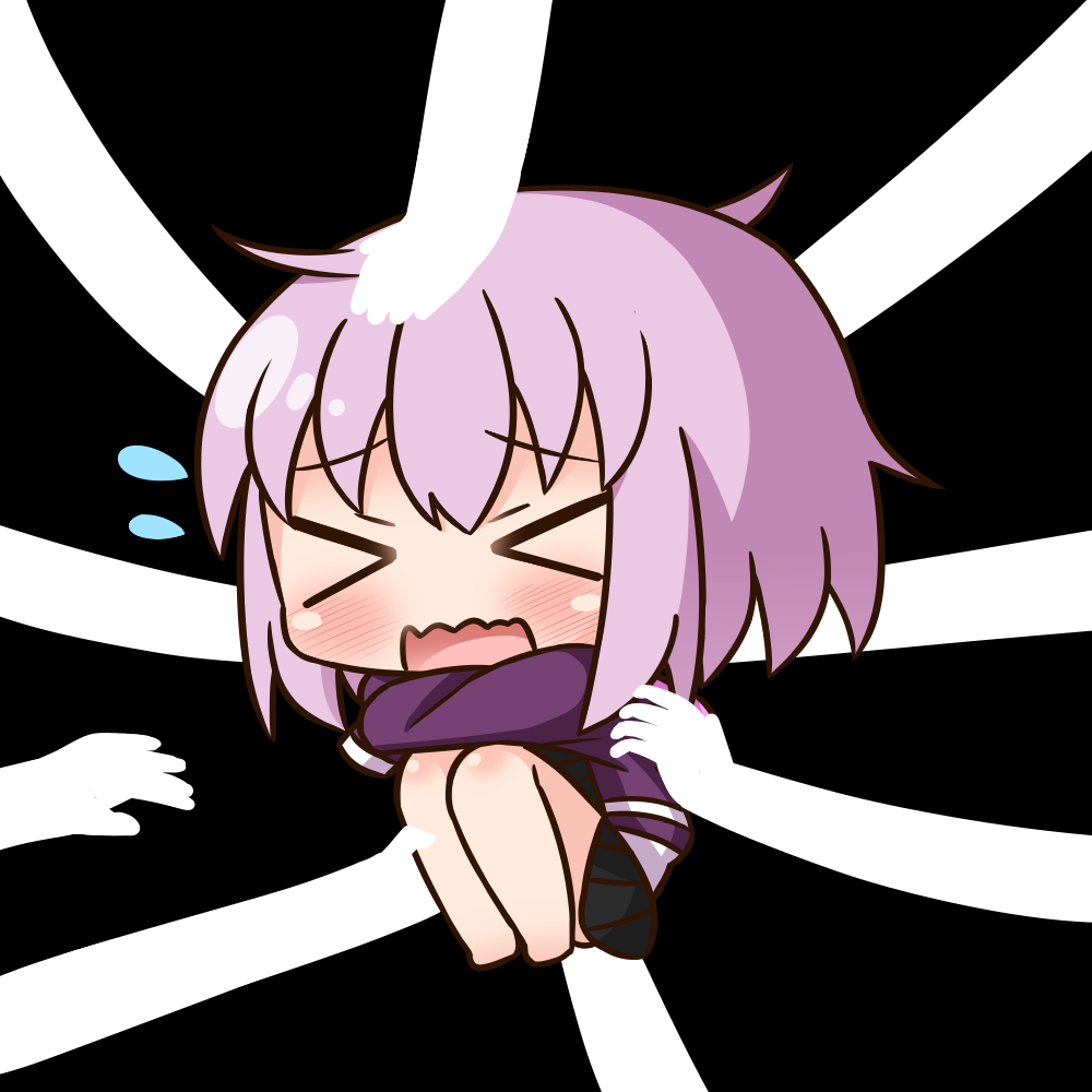 &gt;_&lt; 1girl bangs bare_legs barefoot black_background black_skirt blush chibi eyebrows_visible_through_hair facing_viewer flying_sweatdrops hair_between_eyes hana_kazari jacket long_hair long_sleeves open_mouth pink_hair pleated_skirt purple_jacket shinjou_akane simple_background skirt sleeves_past_fingers sleeves_past_wrists solo_focus ssss.gridman wavy_mouth