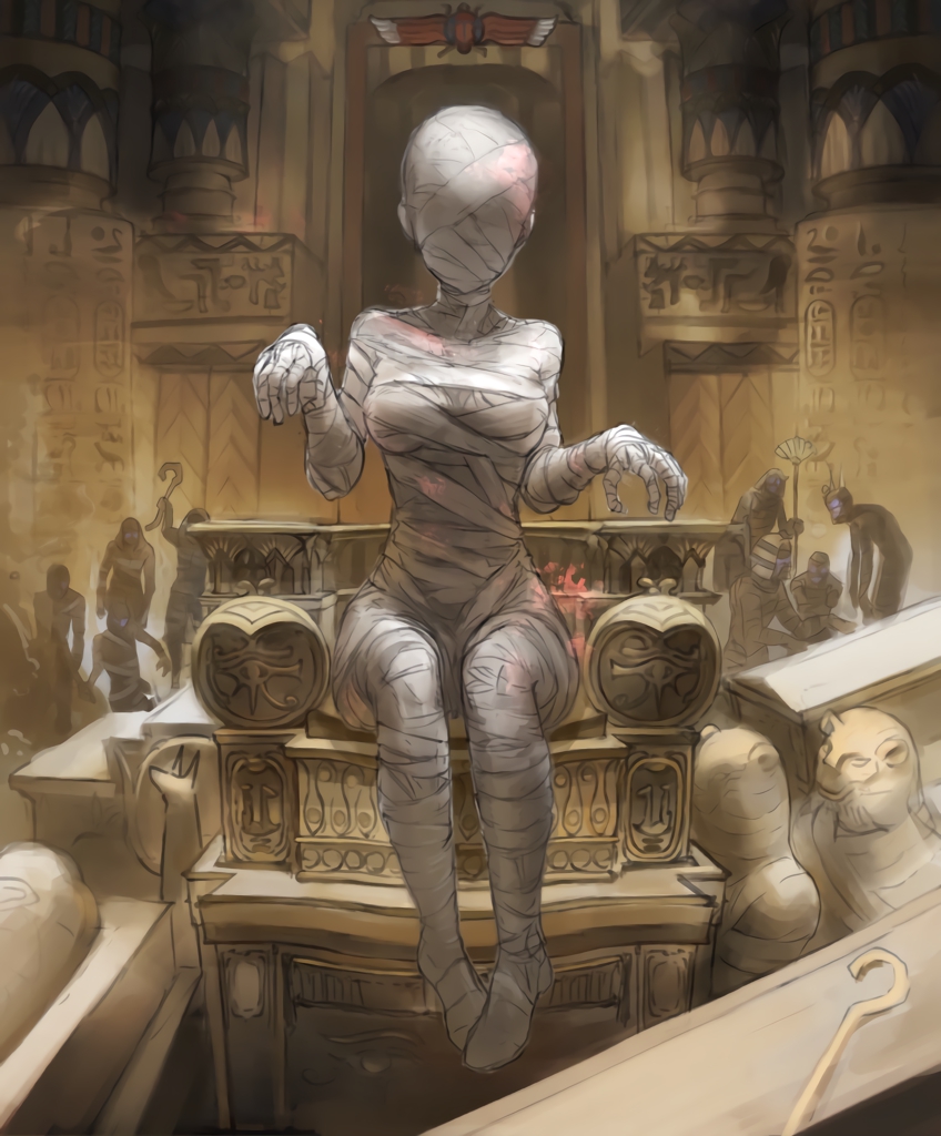 1girl artist_request cygames egyptian eye_of_horus grave hieroglyphics marian_the_mummy mummy official_art sarcophagus shadowverse sitting throne wrapped_up