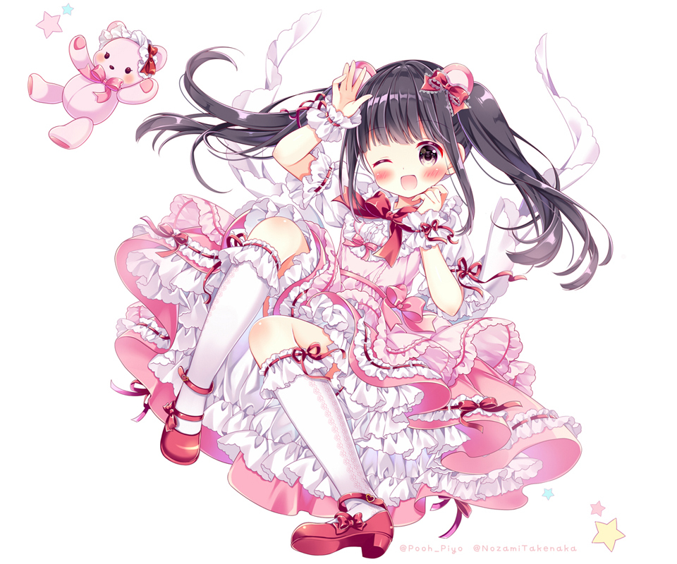 1girl ;d animal_ears arm_up bangs bear_ears black_eyes black_hair bloomers blush bow bowtie character_name commentary_request dress frilled_dress frilled_legwear frilled_sleeves frills full_body hair_bow hand_up kneehighs knees_up layered_dress lolita_fashion long_hair looking_at_viewer one_eye_closed open_mouth petticoat pinafore_dress pink_dress puffy_short_sleeves puffy_sleeves puu_(kari---ume) real_life red_bow red_footwear ribbon-trimmed_legwear ribbon-trimmed_sleeves ribbon_trim shoe_bow shoes short_sleeves sidelocks simple_background smile solo star stuffed_animal stuffed_toy sweet_lolita takenaka_nozomi teddy_bear twintails twitter_username typo underwear white_background white_legwear wrist_cuffs
