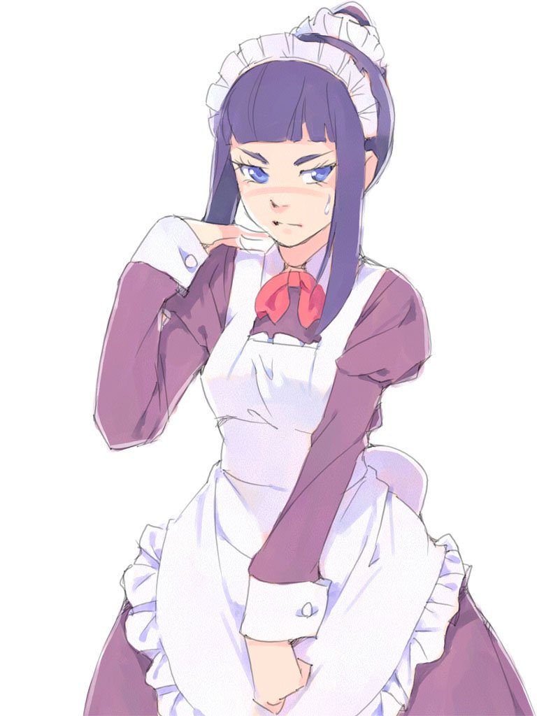 1girl akinbo_(hyouka_fuyou) apron bangs blue_eyes blunt_bangs blush character_request embarrassed long_hair long_skirt long_sleeves looking_away maid maid_headdress purple_hair purple_shirt purple_skirt red_neckwear shirt simple_background skirt solo standing sweatdrop tied_hair white_apron white_background