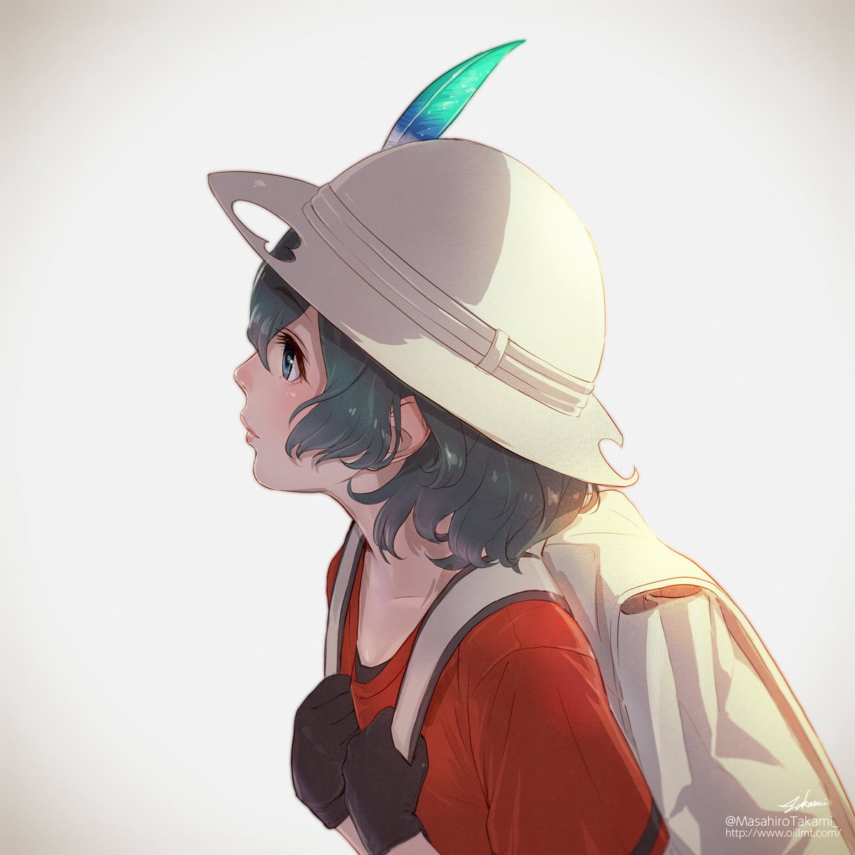 1girl backpack bag black_hair blue_eyes collarbone commentary_request eyebrows_visible_through_hair feathers gloves helmet highres holding_strap kaban_(kemono_friends) kemono_friends pith_helmet profile shirt short_hair short_sleeves solo t-shirt takami_masahiro