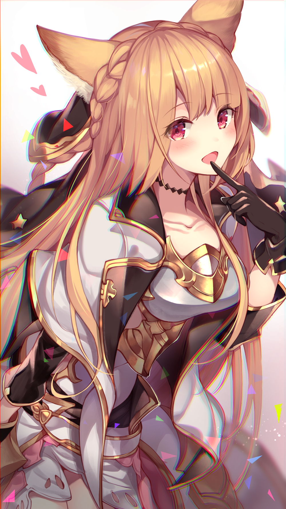 1girl :d animal_ears armor bangs black_choker black_gloves blush braid breastplate breasts brown_hair capelet choker collarbone commentary_request cowboy_shot erune eyebrows_visible_through_hair finger_to_mouth gloves granblue_fantasy hand_up head_tilt heart highres homaderi leaning_forward long_hair long_sleeves looking_at_viewer medium_breasts open_mouth red_eyes skirt smile solo standing white_capelet white_skirt wing_collar yuisis_(granblue_fantasy)