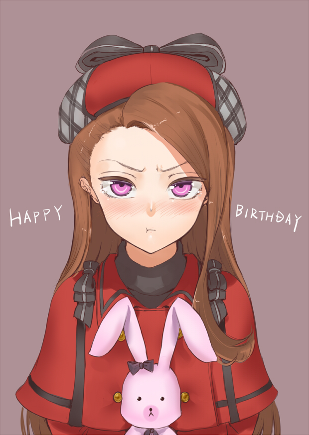 1girl :p asymmetrical_hair black_bow blush bow brown_hair capelet grey_background hair_bow happy_birthday hat idolmaster idolmaster_(classic) jyon long_hair looking_at_viewer minase_iori red_capelet red_hat simple_background solo stuffed_animal stuffed_toy tongue tongue_out upper_body very_long_hair violet_eyes