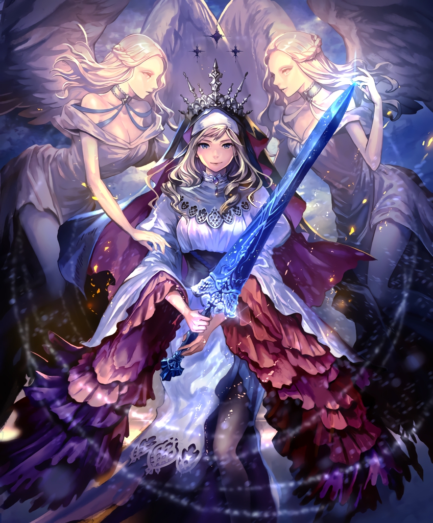 3girls angel angel_wings artist_request blonde_hair blue_eyes choker cygames frills glowing glowing_weapon habit holding holding_sword holding_weapon laina_sister_of_judgment multiple_girls nun official_art puffy_sleeves shadowverse smile sword weapon wide_sleeves wings