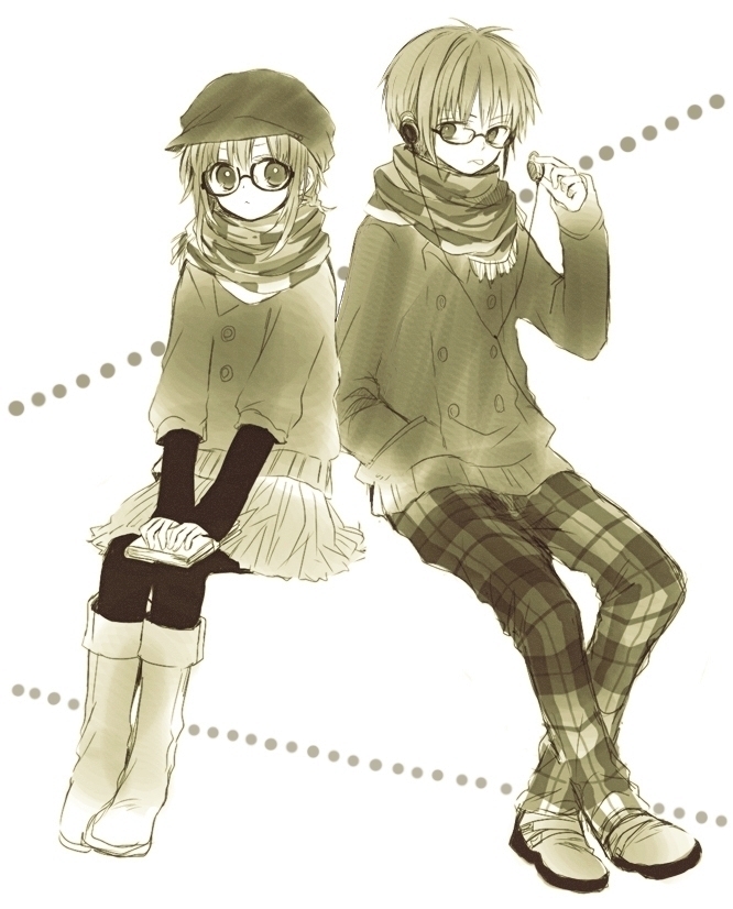 1boy 1girl :p anzu_(o6v6o) book_on_lap boots cabbie_hat coat double-breasted dual_persona genderswap genderswap_(ftm) glasses gumi gumiya hand_in_pocket hat invisible_chair long_sleeves monochrome pants pantyhose plaid plaid_pants scarf sepia short_hair_with_long_locks short_over_long_sleeves short_sleeves single_earphone_removed sitting tongue tongue_out vocaloid