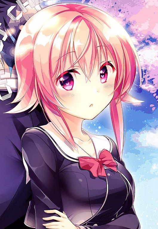 1boy 1girl :o back-to-back black_jacket blush bow bowtie chaos;child collarbone heart heart-shaped_pupils jacket miyashiro_takuru onoe_serika open_mouth pink_eyes pink_hair red_bow red_neckwear rotte_(1109) sailor_collar short_hair_with_long_locks sidelocks symbol-shaped_pupils white_sailor_collar