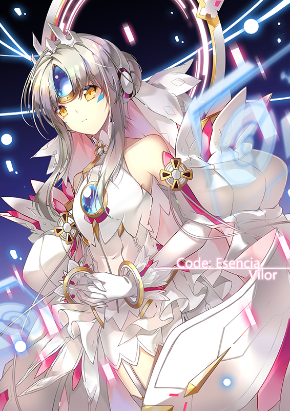 1girl bare_shoulders braid circlet code:_esencia_(elsword) crown detached_sleeves elsword eve_(elsword) facial_mark forehead_jewel garter_belt gem gloves mechanical_ears ringlets silver_hair vilor yellow_eyes