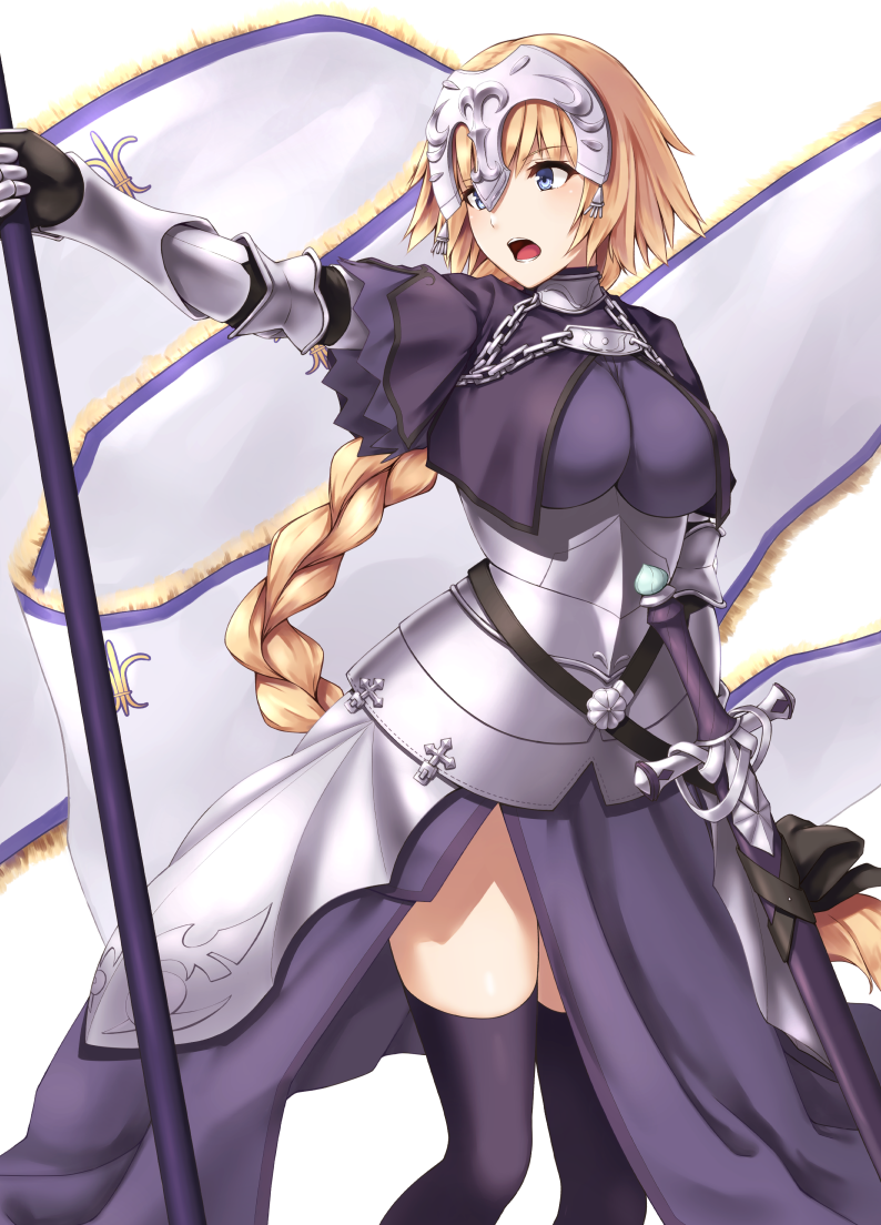 1girl :o arm_at_side armor bangs banner battle_standard black_capelet black_gloves black_legwear black_ribbon black_skirt blonde_hair blue_eyes braid breasts capelet cleavage collar enchuu fate/grand_order fate_(series) faulds feet_out_of_frame floating_hair gauntlets gloves hair_ribbon headgear holding jeanne_d'arc_(fate) jeanne_d'arc_(fate)_(all) large_breasts long_hair long_skirt looking_to_the_side open_mouth outstretched_arm ribbon sheath sheathed side_slit single_braid skirt solo standing sword teeth thigh-highs very_long_hair weapon