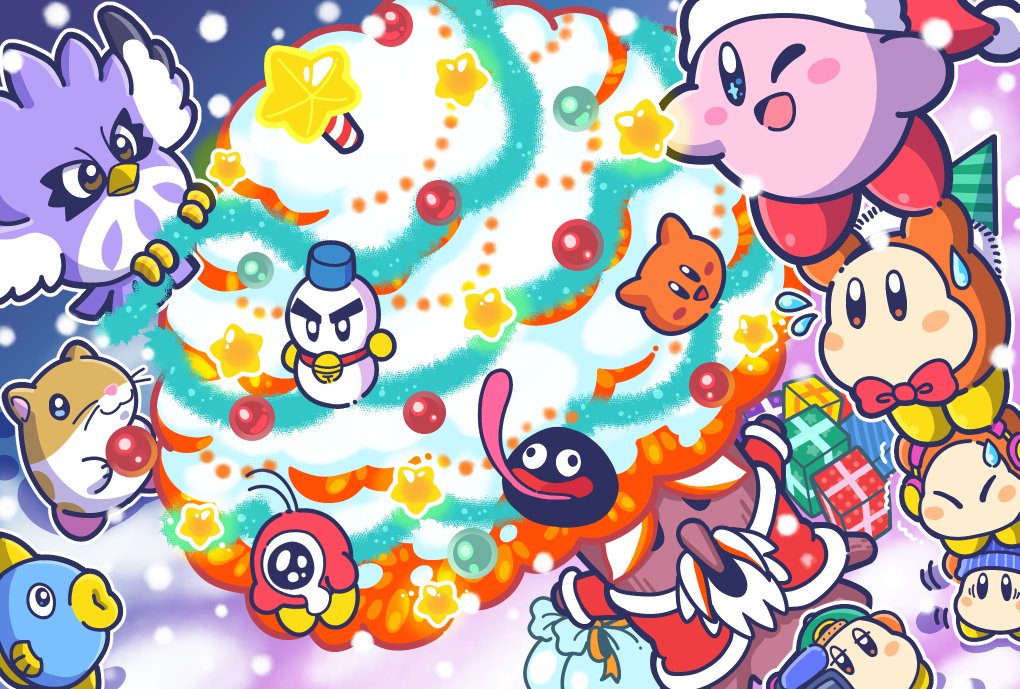 backwards_hat baseball_cap beanie bell blue_hat bow bowtie chilly_(kirby) commentary_request coo_(kirby) flying_sweatdrops gift gooey hat kine_(kirby) kirby kirby_(series) nintendo no_humans official_art red_neckwear rick_(kirby) scarfy sweatdrop video_camera waddle_dee whispy_woods