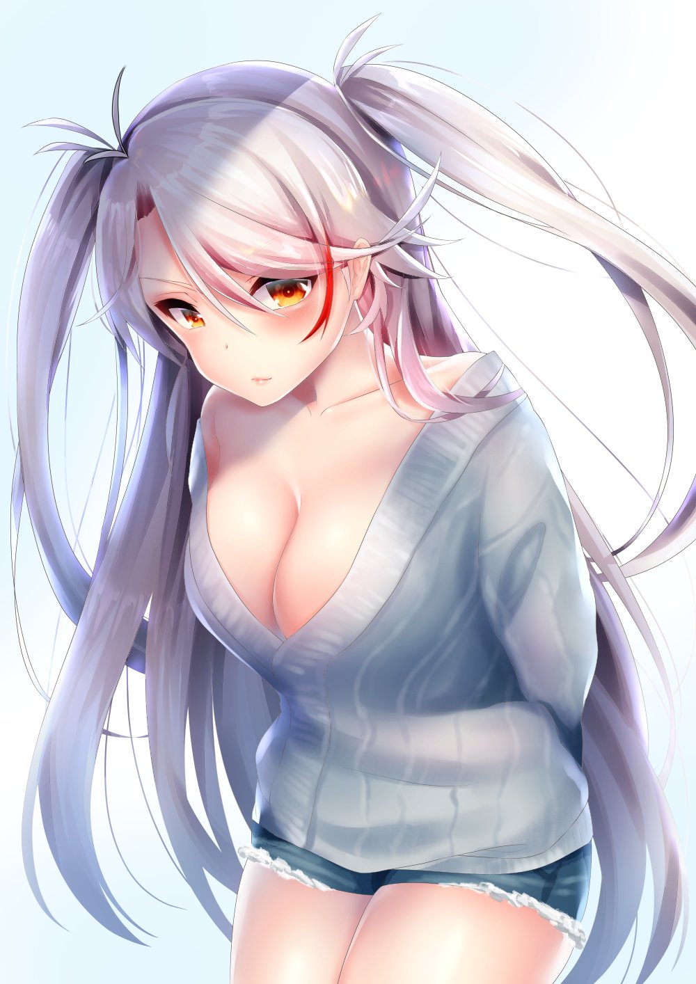 1girl antenna_hair azur_lane bangs blue_sweater blush breasts brown_eyes casual closed_mouth collarbone cowboy_shot denim denim_shorts eyebrows_visible_through_hair hair_between_eyes highres large_breasts leaning_forward long_hair looking_at_viewer loose_clothes multicolored_hair prinz_eugen_(azur_lane) redhead short_shorts shorts silver_hair smile solo streaked_hair sweater thighs touwa_iyo two_side_up very_long_hair