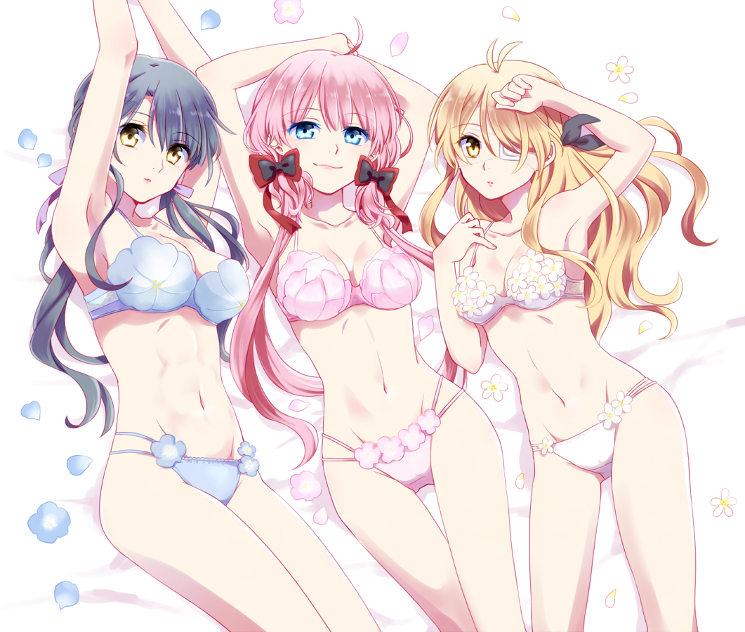 3girls adjusting_bra adjusting_clothes ahoge arm_up armpits arms_up ass_visible_through_thighs bangs bed_sheet black_bow black_hair black_ribbon blonde_hair blue_bra blue_eyes blue_flower blue_panties blue_ribbon bow bra breasts brown_eyes cleavage closed_mouth collarbone commentary_request crotch_seam eyebrows_visible_through_hair eyepatch flower flower_bra flower_panties from_above hair_bow hair_ribbon legs lips long_hair looking_at_viewer lying medium_breasts multiple_girls navel on_back on_bed original panties partial_commentary petals pink_bra pink_flower pink_hair pink_panties ribbon smile string_panties thigh_gap twintails underwear underwear_only usapopin white_bra white_flower white_panties yellow_eyes
