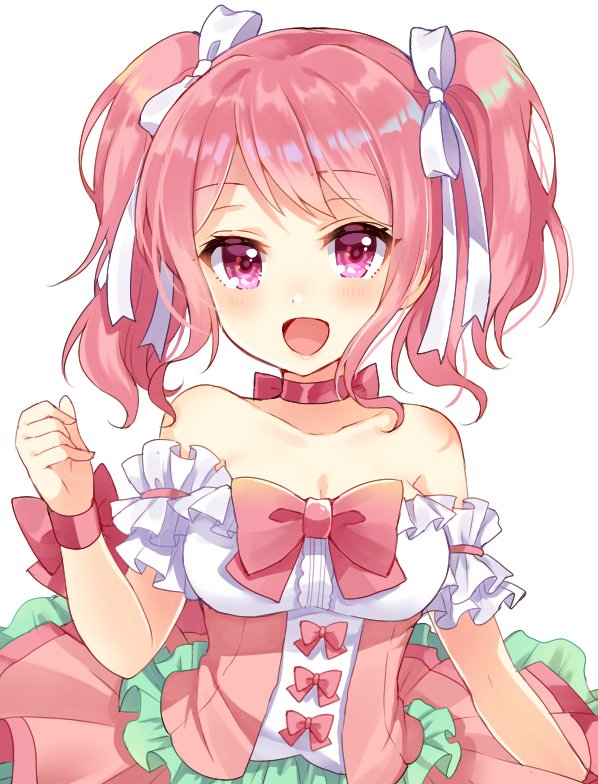 1girl :d bang_dream! bare_shoulders blush bow bowtie breasts choker cleavage clenched_hand collarbone detached_sleeves dress frilled_sleeves frills hair_ribbon hand_up looking_at_viewer maruyama_aya medium_breasts nameneko_(124) open_mouth pink_bow pink_eyes pink_hair pink_neckwear pink_ribbon ribbon ribbon_choker short_sleeves sidelocks simple_background smile solo white_background white_ribbon wrist_bow