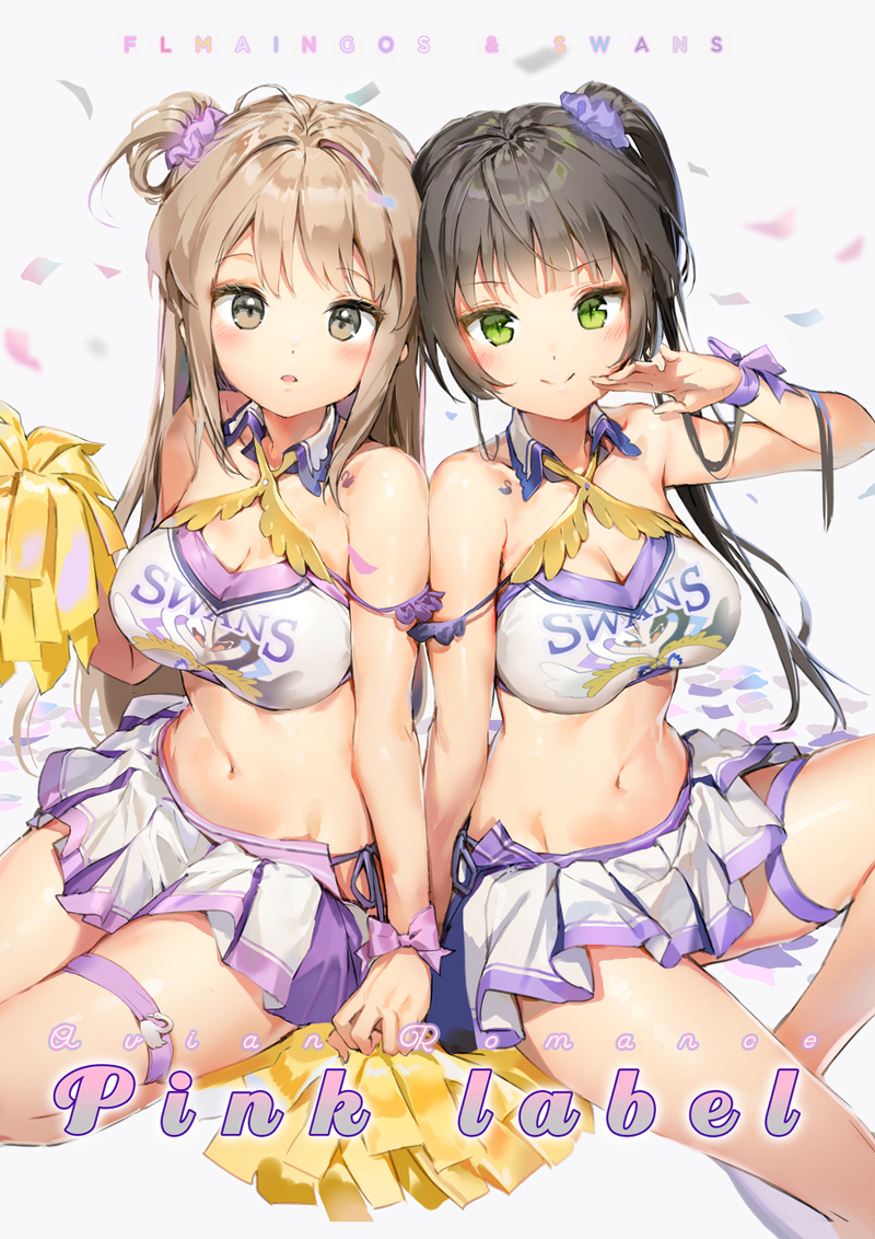 2girls anmi bangs black_hair blush breasts brown_eyes cheerleader cleavage closed_mouth clothes_writing collarbone crop_top green_eyes groin hair_between_eyes hair_ornament hair_scrunchie hand_up holding_hand large_breasts light_brown_hair long_hair looking_at_viewer medium_breasts midriff miniskirt multiple_girls navel one_side_up open_mouth original pink_ribbon pleated_skirt pom_poms purple_ribbon purple_scrunchie ribbon scrunchie side-tie_skirt sidelocks sitting skirt smile stomach thigh_strap wrist_ribbon