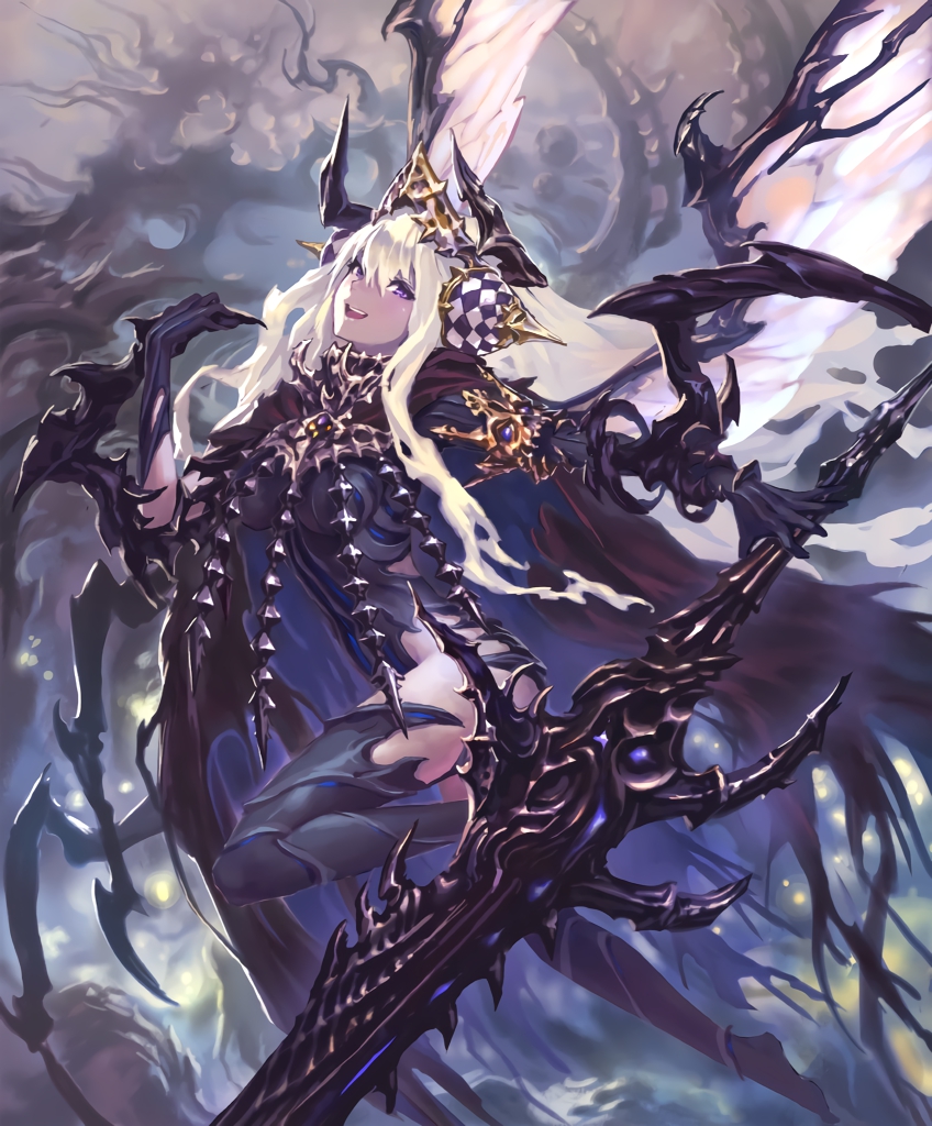 1girl :d artist_request carapace claws cloak cygames feathered_wings gold_trim hair_ornament holding holding_sword holding_weapon horns huge_weapon leg_lift long_hair looking_at_viewer official_art open_mouth shadowverse smile sword very_long_hair violet_eyes weapon white_hair wings zebet_lady_of_the_flies