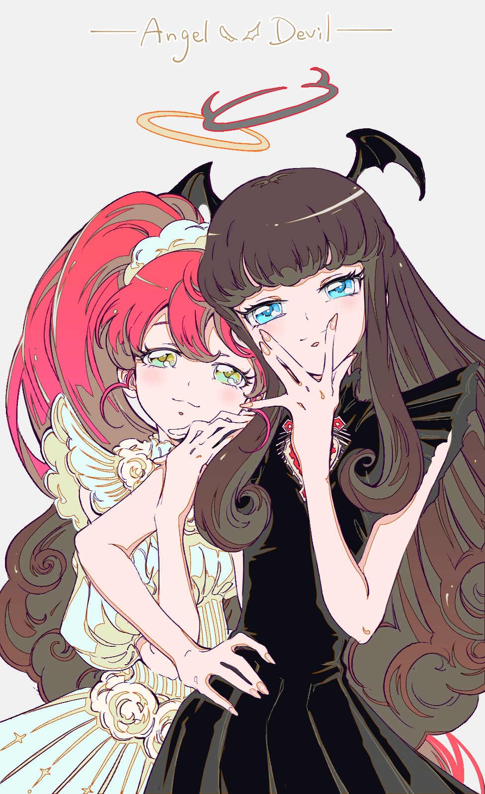 2girls bangs blue_eyes blush brown_hair closed_mouth curly_hair demon_wings dress fingernails green_eyes hair_between_eyes halo hand_on_hip hands_on_another's_shoulders head_wings headdress highres kouta_(fxpdj) kurosu_aroma leaning_on_person long_fingers long_hair looking_at_viewer multicolored multicolored_eyes multiple_girls ponytail pretty_(series) pripara redhead shiratama_mikan sidelocks sleeveless smile symbol_commentary v white_dress wings yellow_eyes yuri