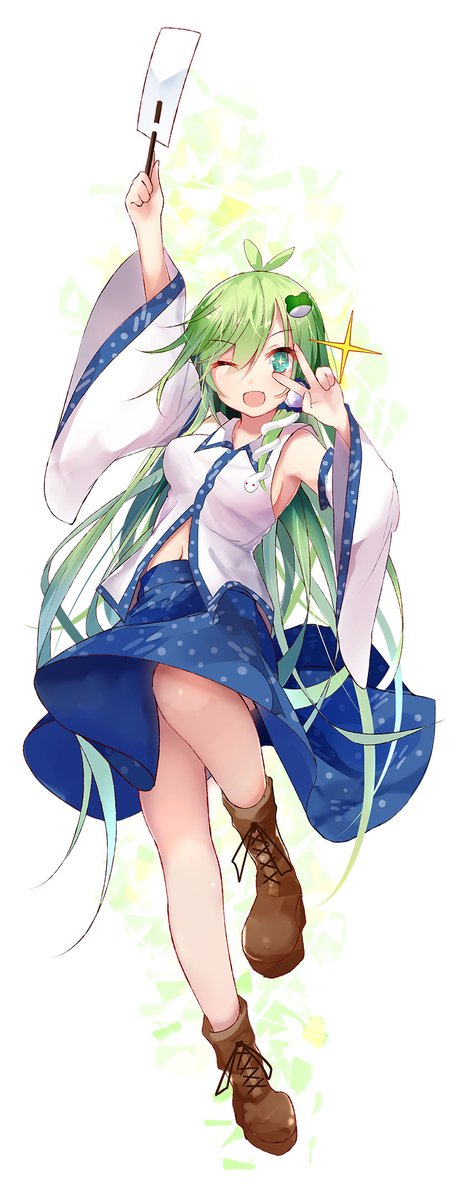 1girl ahoge belly_button blue_skirt blush boots breasts detached_sleeves efe gohei green_eyes green_hair kochiya_sanae long_hair navel open_mouth peace_sign polka_dots raised_arm simple_background skirt star touhou wink