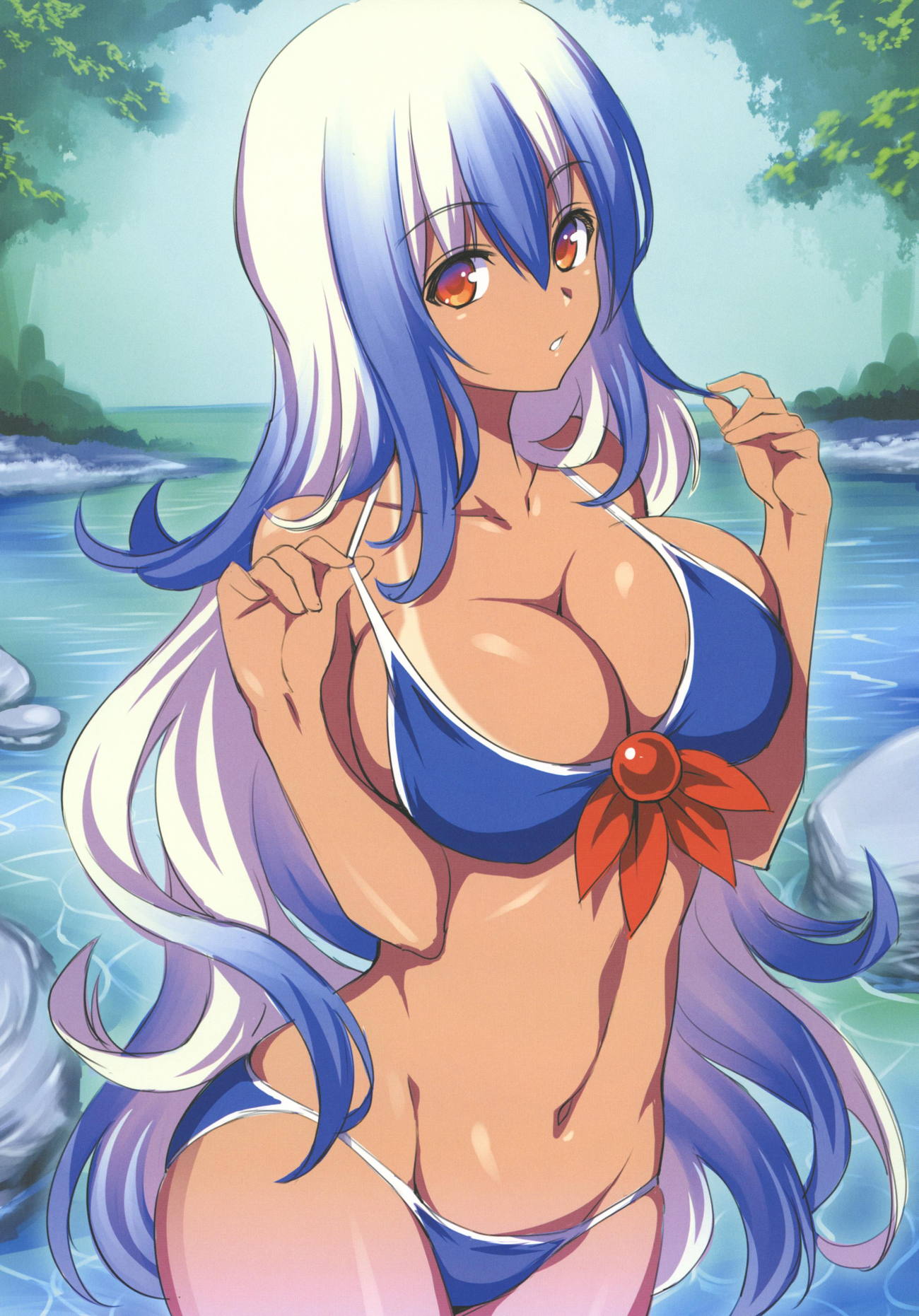 1girl bangs bare_arms bare_shoulders bikini blue_bikini blue_hair breasts cleavage collarbone cowboy_shot eyebrows_visible_through_hair gradient_hair groin hair_between_eyes hands_up highres hijikawa_arashi kamishirasawa_keine large_breasts long_hair looking_at_viewer multicolored_hair navel no_hat no_headwear parted_lips red_eyes rock scan shiny shiny_skin sidelocks silver_hair solo standing stomach strap_pull streaked_hair swimsuit tan tanline thighs touhou tree very_long_hair water wavy_hair