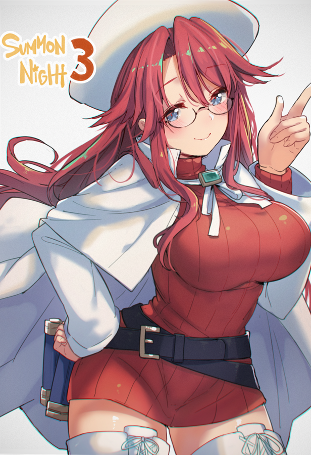 1girl aty_(summon_night) belt beret blue_eyes boots breasts cape cross-laced_footwear dress glasses haruken hat large_breasts long_hair loose_belt red_sweater redhead ribbed_sweater solo summon_night summon_night_3 sweater thigh-highs thigh_boots turtleneck white_footwear