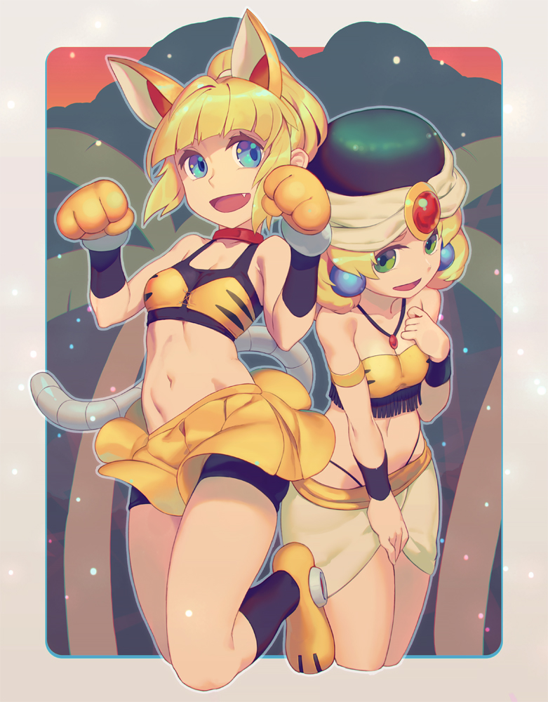 2girls animal_ears armlet bangs bare_arms bare_shoulders bike_shorts blonde_hair blue_earrings blue_eyes blunt_bangs bracelet breasts capcom cat_tail choker commentary_request cropped_legs earrings fang gloves green_eyes hat high_ponytail jewelry kalinka_cossack leg_up midriff miniskirt multiple_girls navel necklace open_mouth paw_gloves paw_pose paws ponytail rockman rockman_(classic) roll rotix shorts shorts_under_skirt skirt small_breasts smile tail yellow_footwear