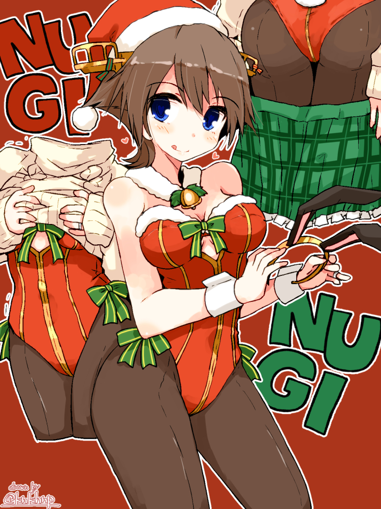 1girl :d animal_ears ass bare_shoulders blue_eyes bow bowtie breasts brown_hair brown_legwear bunny_girl bunny_tail bunnysuit christmas cleavage clothes_pull covered_navel detached_collar fake_animal_ears green_skirt hairband hat headgear hiei_(kantai_collection) kanoe_soushi kantai_collection leotard looking_at_viewer medium_breasts merry_christmas multiple_persona open_mouth pantyhose rabbit_ears red_background red_hat red_leotard ribbed_sweater santa_hat short_hair skirt skirt_pull smile strapless strapless_leotard sweater sweater_pull tail twitter_username wrist_cuffs