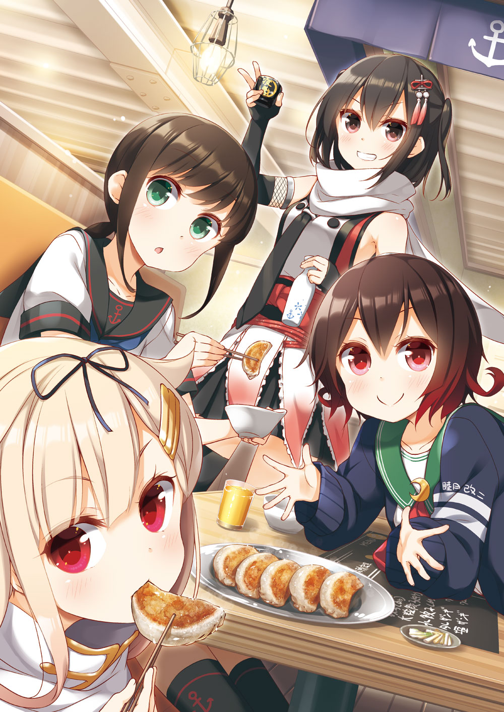 4girls black_cardigan black_gloves black_hair black_neckwear black_ribbon black_sailor_collar black_serafuku black_skirt blonde_hair blush brown_eyes brown_hair cardigan chopsticks commentary_request crescent crescent_hair_ornament crescent_moon_pin cup double-breasted drinking_glass dumpling eating elbow_gloves eyebrows_visible_through_hair fingerless_gloves food fubuki_(kantai_collection) gloves gradient_hair green_eyes grin hair_between_eyes hair_flaps hair_ornament hair_ribbon hairclip highres holding holding_chopsticks jiaozi juice kantai_collection long_hair long_sleeves looking_at_viewer low_ponytail multicolored_hair multiple_girls mutsuki_(kantai_collection) neckerchief open_mouth pantyhose parted_lips pleated_skirt ponytail red_eyes red_neckwear redhead remodel_(kantai_collection) ribbon sailor_collar scarf school_uniform sendai_(kantai_collection) serafuku short_hair short_ponytail short_sleeves sidelocks single_thighhigh skirt sleeveless smile straight_hair thigh-highs twintails two_side_up violet_eyes white_scarf yume_no_owari yuudachi_(kantai_collection)