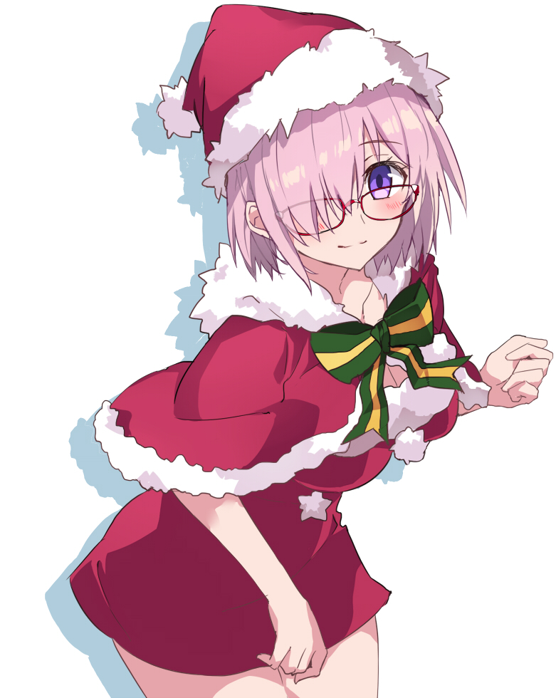 1girl bangs blush bow capelet closed_mouth collarbone commentary_request dress drop_shadow eyebrows_visible_through_hair fate/grand_order fate_(series) fur-trimmed_capelet fur-trimmed_dress fur-trimmed_hat fur_trim glasses green_bow hair_over_one_eye hat leaning_forward looking_at_viewer mash_kyrielight pink_hair red-framed_eyewear red_capelet red_dress red_hat santa_costume santa_hat simple_background smile solo striped striped_bow tsuedzu violet_eyes white_background
