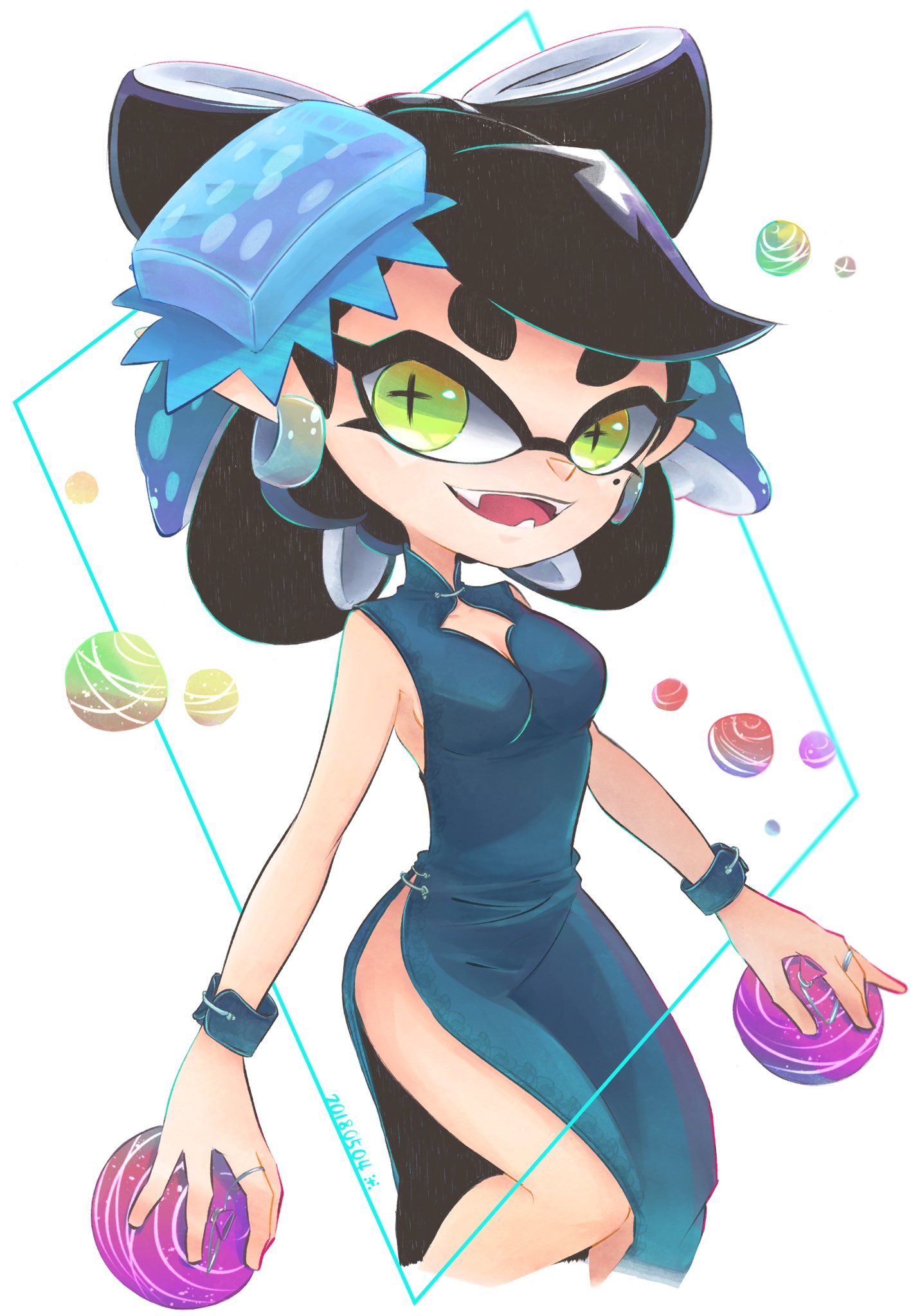 +_+ aori_(splatoon) black_hair blue_dress blue_hair china_dress chinese_clothes cleavage_cutout domino_mask dress earrings fang food food_on_head green_eyes highres jewelry looking_at_viewer mask mole mole_under_eye multicolored_hair object_on_head okome_2g2g pointy_ears side_slit splatoon_(series) tentacle_hair thighs