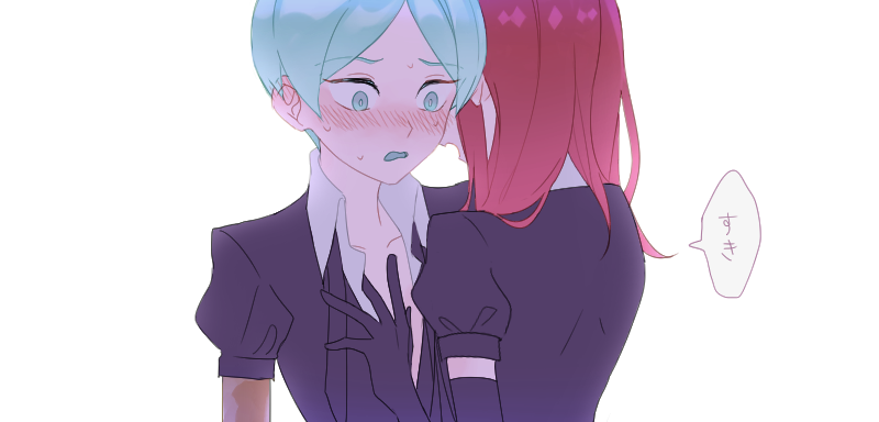 2others androgynous aqua_eyes aqua_hair blush crystal_hair elbow_gloves embarrassed eyebrows_visible_through_hair gem_uniform_(houseki_no_kuni) gloves golden_arms hand_on_another's_chest houseki_no_kuni kohaku_989 multiple_others necktie open_clothes open_shirt phosphophyllite redhead shinsha_(houseki_no_kuni) short_hair upper_body whispering white_background wide-eyed