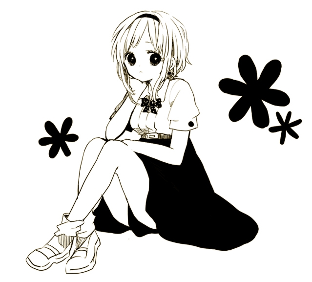 1girl anzu_(o6v6o) belt bow bowtie chin_rest collared_shirt crossed_ankles elbow_on_knee floral_background gumi hairband knees_up looking_at_viewer monochrome shirt shoes short_hair_with_long_locks short_sleeves simple_background sitting skirt socks solo vocaloid white_background