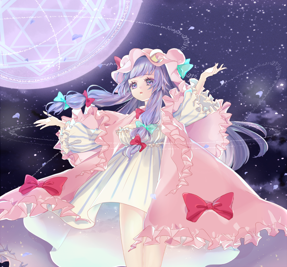 1girl arms_up bangs clouds commentary_request crescent crescent_hair_ornament dress eyelashes feet_out_of_frame frills hair_blowing hair_ornament hair_ribbon hat hexagram ibashi_roni long_hair long_sleeves looking_away looking_to_the_side magic_circle mob_cap octagram outstretched_arms parted_lips patchouli_knowledge petals pink_robe purple_hair ribbon sidelocks sky solo spread_arms standing star_(sky) starry_sky striped striped_dress swept_bangs touhou tress_ribbon very_long_hair violet_eyes wind wind_lift