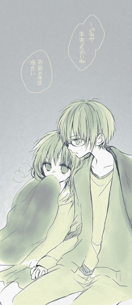 1boy 1girl anzu_(o6v6o) blanket breath collarbone dual_persona genderswap genderswap_(ftm) glasses grey_background gumi gumiya hand_holding hand_to_own_mouth hetero long_sleeves multiple_monochrome pants selfcest shared_blanket short_hair_with_long_locks sitting skirt translation_request vocaloid