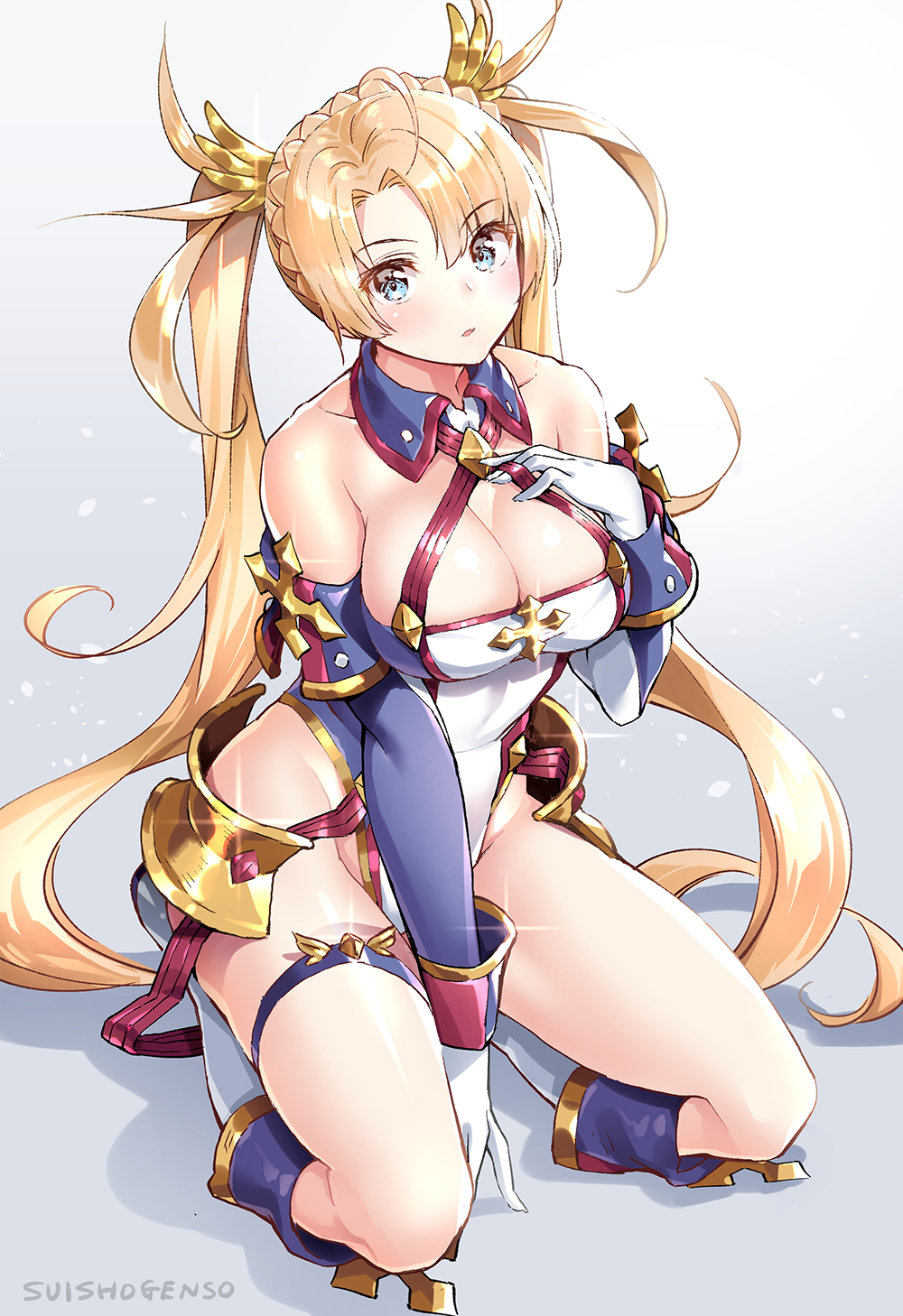 1girl bangs bare_shoulders blonde_hair blue_eyes blush boots bradamante_(fate/grand_order) braid breasts cleavage elbow_gloves fate/grand_order fate_(series) faulds french_braid gloves gradient gradient_background hair_ornament halterneck highleg highleg_leotard highres knee_boots kneeling leotard long_hair looking_at_viewer medium_breasts shiny shiny_hair solo suishougensou thigh_strap thighs twintails very_long_hair white_background