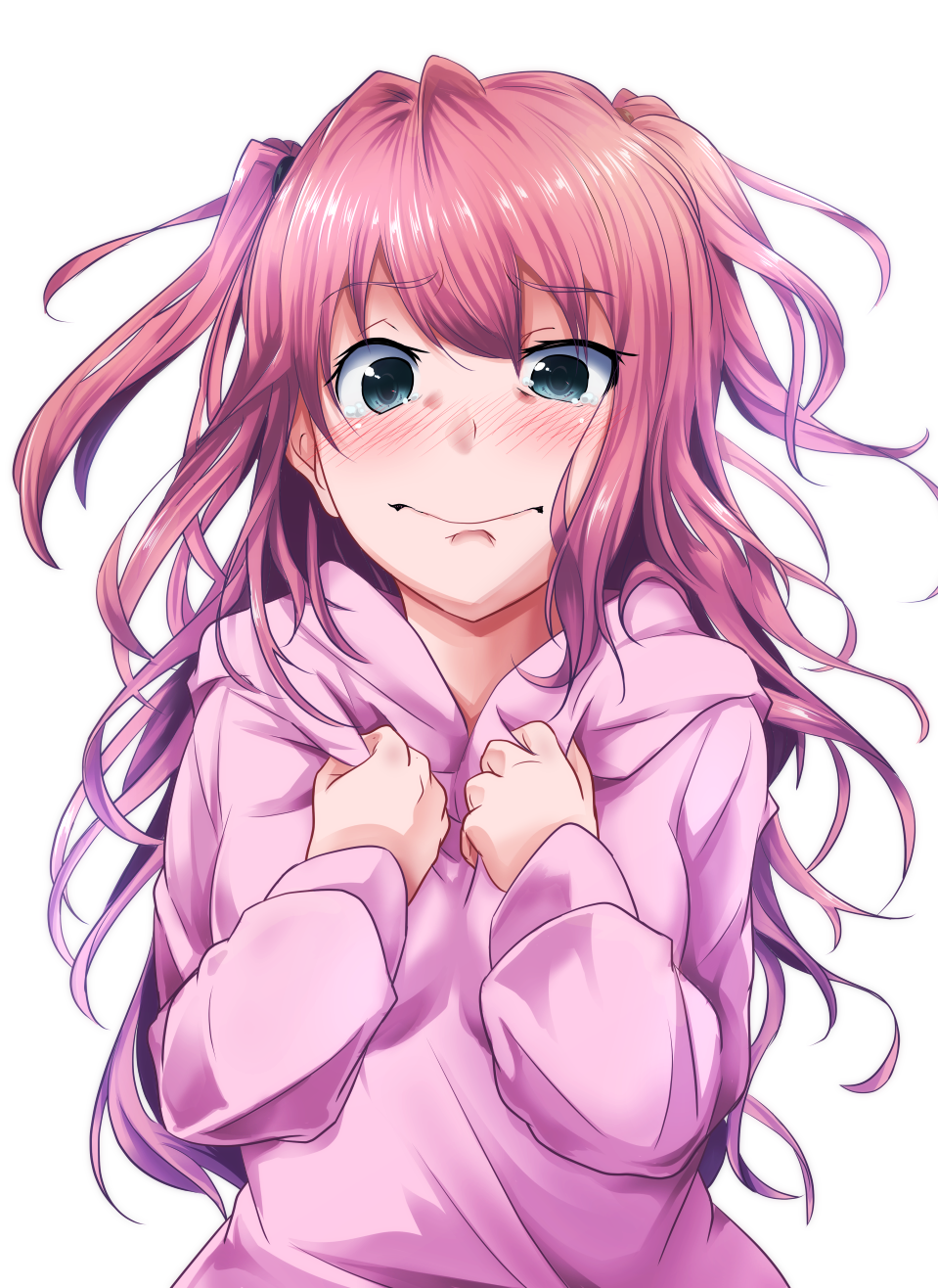 1girl aqua_eyes biting blush commentary_request crying crying_with_eyes_open highres hood hoodie kaigara_suupu lip_biting messy_hair nemoto_hina pink_hair pink_hoodie tears twintails watashi_ga_motenai_no_wa_dou_kangaetemo_omaera_ga_warui! white_background