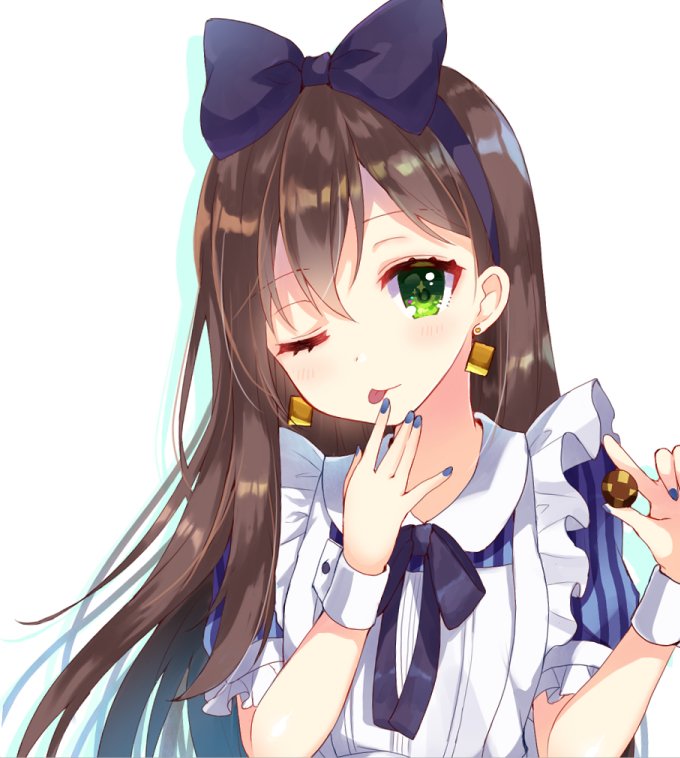 1girl ;p alice_(wonderland) alice_(wonderland)_(cosplay) alice_in_wonderland apron bang_dream! black_neckwear blue_bow blue_nails bow brown_hair cookie cosplay drop_shadow earrings finger_licking food green_eyes hair_bow hanazono_tae hand_to_own_mouth holding holding_cookie holding_food jewelry licking long_hair looking_at_viewer nail_polish nameneko_(124) neck_ribbon one_eye_closed ribbon solo striped_sleeves tongue tongue_out upper_body white_apron wrist_cuffs