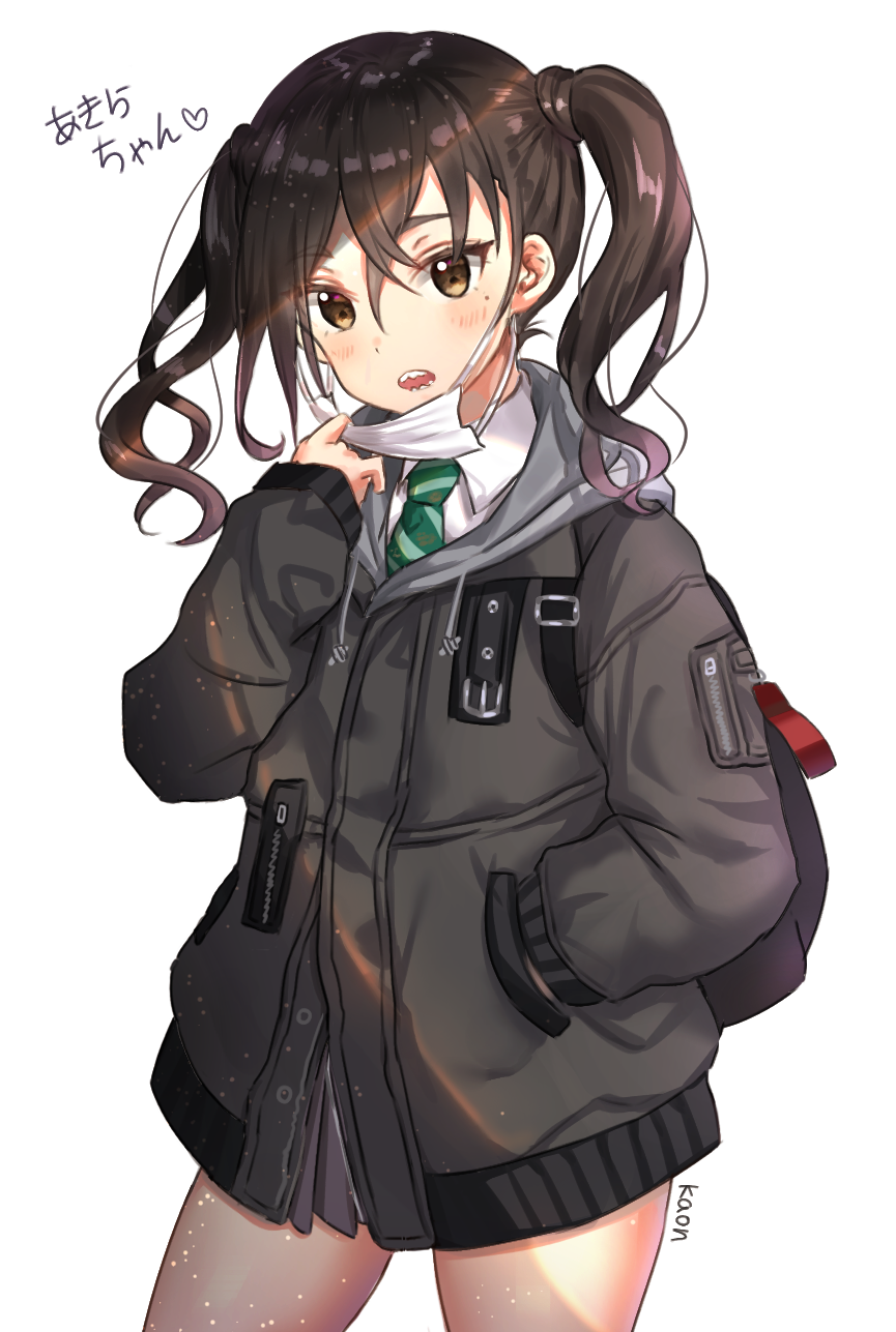 1girl :o backpack bag bangs black_jacket black_skirt blush brown_eyes brown_hair collared_shirt cowboy_shot drawstring eyebrows_visible_through_hair green_neckwear hair_between_eyes hand_in_pocket hand_up head_tilt highres idolmaster idolmaster_cinderella_girls jacket kaon_(kaon_ll) legs_apart light_particles long_hair long_sleeves looking_at_viewer mask_pull miniskirt mole mole_under_eye necktie open_mouth pleated_skirt sharp_teeth shirt sidelocks simple_background skirt sleeves_past_wrists solo standing striped striped_neckwear sunazuka_akira surgical_mask teeth twintails wavy_hair white_background white_shirt