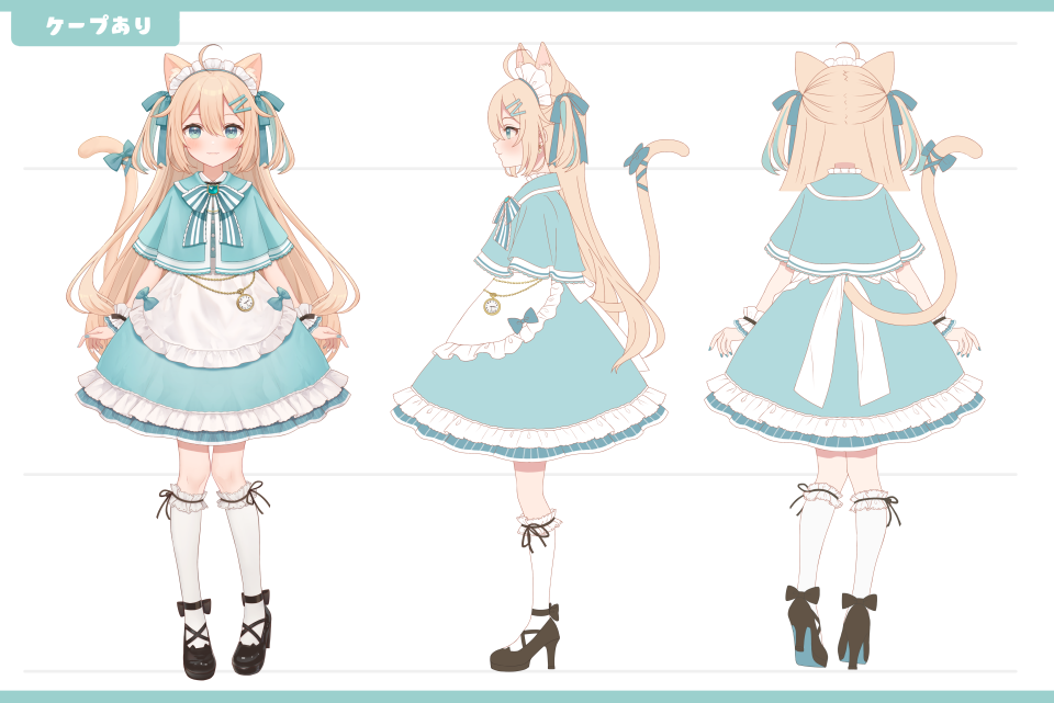 1girl :d ahoge animal_ears apron bangs black_footwear blue_bow blue_dress blue_nails blue_sleeves blush bow cat_ears cat_girl cat_tail center_frills character_sheet copyright_request detached_sleeves dress eyebrows_visible_through_hair fang frilled_apron frilled_legwear frills full_body green_eyes hair_between_eyes hair_bow hair_ornament hairclip kneehighs kurono_kito light_brown_hair long_hair looking_at_viewer maid_headdress multiple_views nail_polish pocket_watch puffy_short_sleeves puffy_sleeves roman_numeral shoes short_sleeves simple_background sleeveless sleeveless_dress smile standing tail tail_bow tail_ornament tail_raised turnaround two_side_up very_long_hair virtual_youtuber waist_apron watch white_apron white_background white_legwear wrist_cuffs