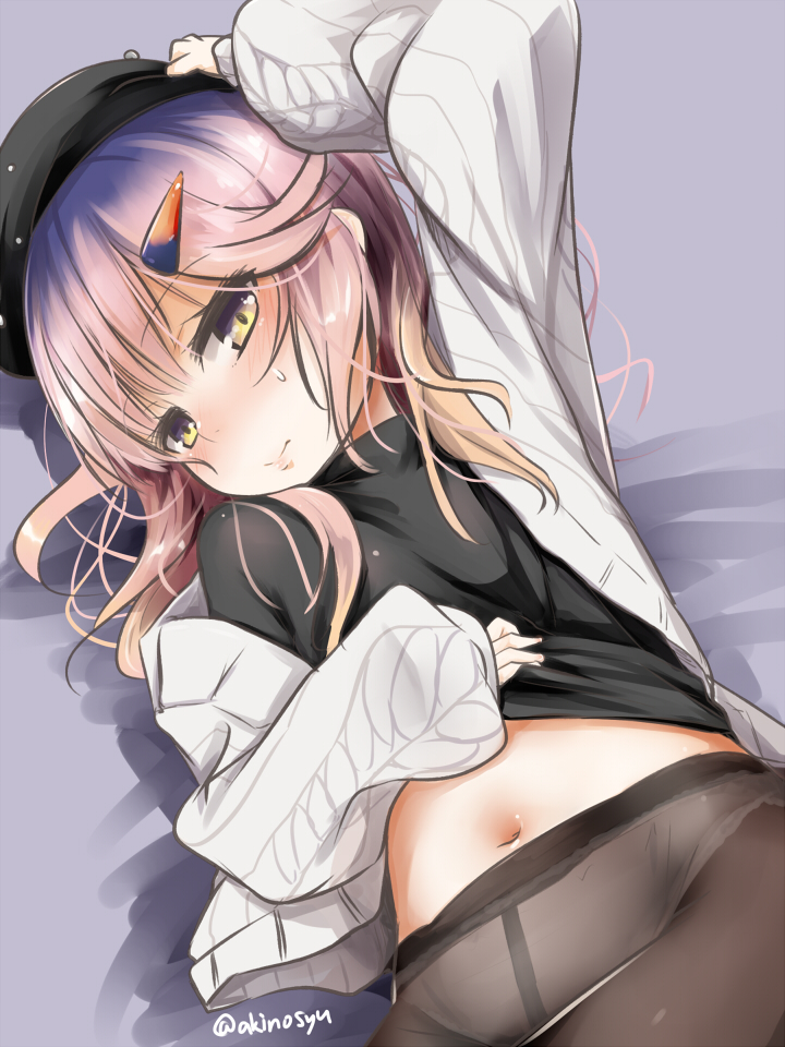 1girl akino_shuu arm_up bangs bed_sheet beret black_hat black_shirt blush brown_hair brown_legwear closed_mouth commentary_request eyebrows_visible_through_hair gradient_hair hair_ornament hairclip hand_on_headwear hat head_tilt jacket kantai_collection long_sleeves lying multicolored_hair navel nose_blush off_shoulder on_back open_clothes open_jacket panties panties_under_pantyhose pantyhose purple_hair shirt sleeves_past_wrists solo sweat tsushima_(kantai_collection) underwear violet_eyes white_jacket