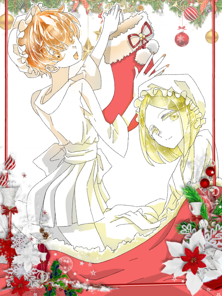 2others alternate_costume androgynous blonde_hair christmas christmas_ornaments christmas_stocking colored_eyelashes crystal_hair easty hat houseki_no_kuni looking_at_viewer mob_cap multiple_others open_mouth orange_eyes orange_hair short_hair sleepwear smile white_skin yellow_diamond_(houseki_no_kuni) yellow_eyes zircon_(houseki_no_kuni)