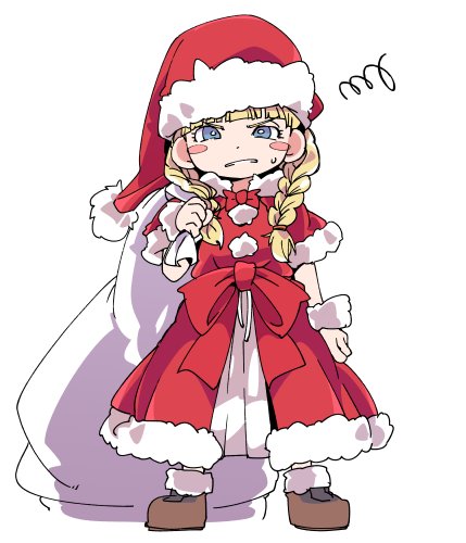 1girl angry bag bird_studio blonde_hair blue_eyes bracelet braid christmas dragon_quest dragon_quest_xi earrings full_body gloves hat ixy jewelry loli long_hair looking_at_viewer lowres santa_costume santa_hat simple_background solo square_enix twin_braids veronica_(dq11) white_background
