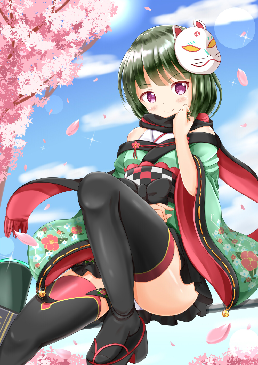 1girl bell black_bow black_footwear black_legwear black_scarf blue_sky blush bow closed_mouth clouds commentary_request copyright_request day flower fox_mask fringe_trim green_hair green_kimono head_tilt highres japanese_clothes jingle_bell kimono knee_up long_sleeves mask mask_on_head multicolored multicolored_clothes multicolored_scarf obi off_shoulder outdoors panties petals pink_flower platform_footwear platform_heels red_scarf ribbon-trimmed_sleeves ribbon_trim sash scarf sitting sky smile solo thigh-highs underwear violet_eyes white_panties wide_sleeves zenon_(for_achieve) zouri