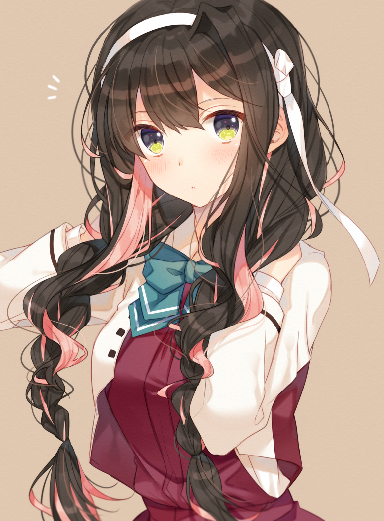 1girl alternate_hairstyle aqua_neckwear black_hair blush bow bowtie braid brown_background dress hair_between_eyes hairband hiiragi_souren kantai_collection long_hair long_sleeves multicolored_hair naganami_(kantai_collection) parted_lips pink_hair purple_dress remodel_(kantai_collection) school_uniform shirt simple_background solo twin_braids white_hairband white_shirt yellow_eyes